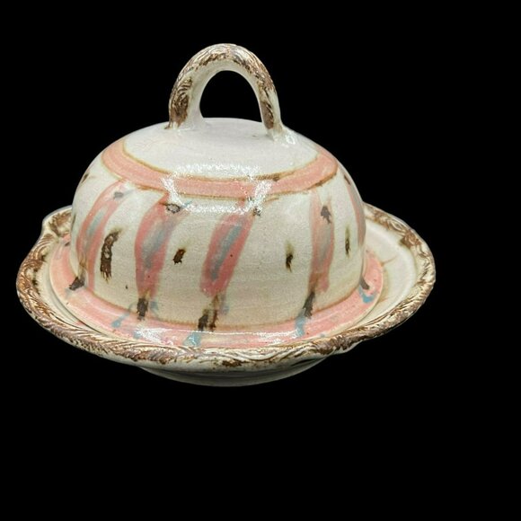 Stunning Art Pottery Shallow Bowl with Covered Lid Colorful Butter Dome 8" x 6" - Picture 3 of 9